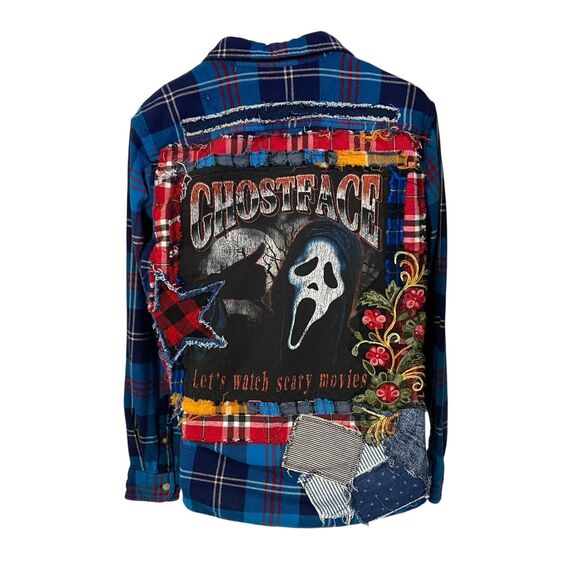 Upcycled Flannel Shirt Womens Large Shacket Ghostface Grunge Scary Movies Blue - Picture 8 of 16